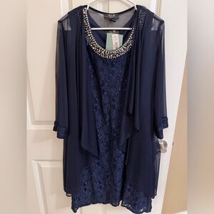 R&M Richards 2-piece dress and jacket set in navy blue with a beads and lace. 14